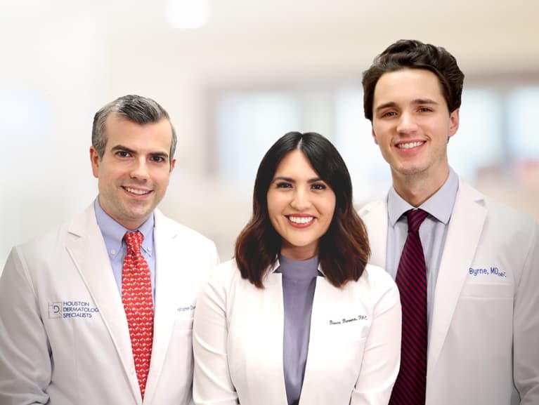 Dr. Christopher Downing, board certified dermatologist and Mohs Surgeon at Houston Dermatology Specialists; Dr. Joel Byrne, dermatologist at Houston Dermatology Specialists; Bianca Barrera - Physician Assistant Certified