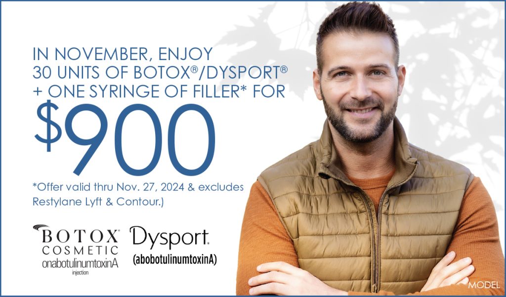 Houston Dermatology Specialists November 2024 Specials - Enjoy 30 units of BOTOX or Dysport + 1 syringe of filler for $900 (excludes Restylane Lyft and Contour)