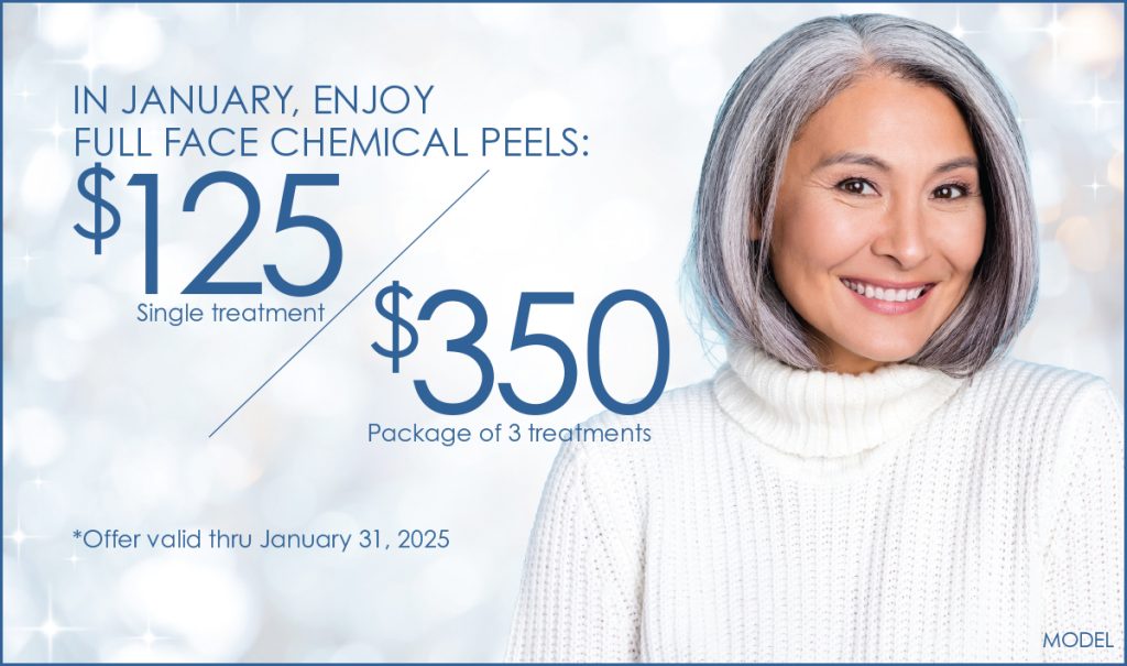 Houston Dermatology Specialists January 2025 Specials - Full face chemical peel $125 for a single treatment, $350 for a package of 3 treatments